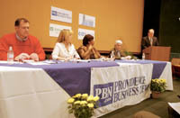 PBN photo/Brian McDonald<b>From left:</b> John Sinnott of Struever Bros., Michele Caprio of the R.I. Association of Realtors, Sharon Conard-Wells of West Elmwood Housing, Scott Wolf of Grow Smart Rhode Island and PBN Editor Mark S. Murphy at a discussion on affordable housing. PBN photo/Brian McDonaldFrom left: John Sinnott of Struever Bros., Michele Caprio of the R.I. Association of Realtors, Sharon Conard-Wells of West Elmwood Housing, Scott Wolf of Grow Smart Rhode Island and PBN Editor Mark S. Murphy at a discussion on affordable housing.