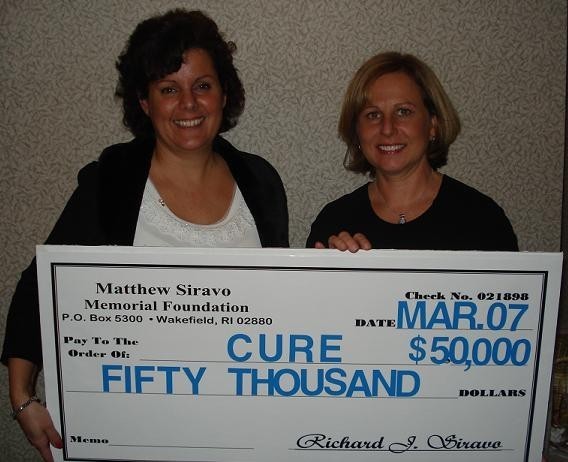 FROM LEFT, Deb Siravo, Mathew Siravo?s mother and deputy director of the Siravo Foundation, presents a $50,000 check to Lee Ann Brigido of CURE. / FROM LEFT, Deb Siravo, Mathew Siravo?s mother and deputy director of the Siravo Foundation, presents a $50,000 check to Lee Ann Brigido of CURE. /