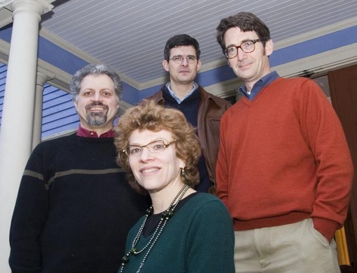 DAVID DURAND, left, CEO of Tizra Inc. - at his East Side home and headquarters with fellow partners and co-founders Francisco Rosa, back, Abe Dane, right, and Anne Orens - is among the finalists announced today. / DAVID DURAND, left, CEO of Tizra Inc. - at his East Side home and headquarters with fellow partners and co-founders Francisco Rosa, back, Abe Dane, right, and Anne Orens - is among the finalists announced today. /