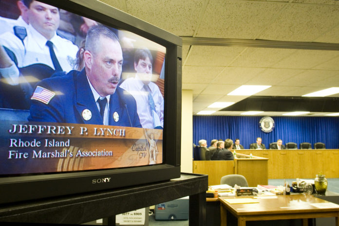 JEFFREY LYNCH speaks on behalf of the Rhode Island Association of Fire Marshals last Monday at the State House fire code hearing. / JEFFREY LYNCH speaks on behalf of the Rhode Island Association of Fire Marshals last Monday at the State House fire code hearing. /