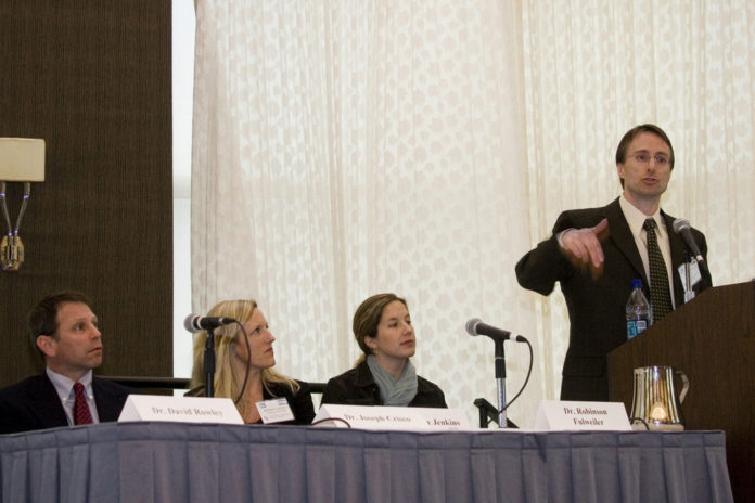 ONE OF the panels at the April 12 conference on research collaboration included, from left, Brown University Prof. David Rowley, University of Rhode Island Profs. Bethany Jenkins and Robinson Fulweiler, and Brown Prof. Joseph Crisco. / 