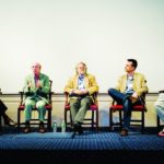 MODERATOR Christopher Lydon, left, and panelists Michael Lysaght of Brown, Philip Long of MIT, IT consultant Jack Templin and Seth Goldenberg of RISD, discuss the impact of fast-changing technology on society and the economy. / 