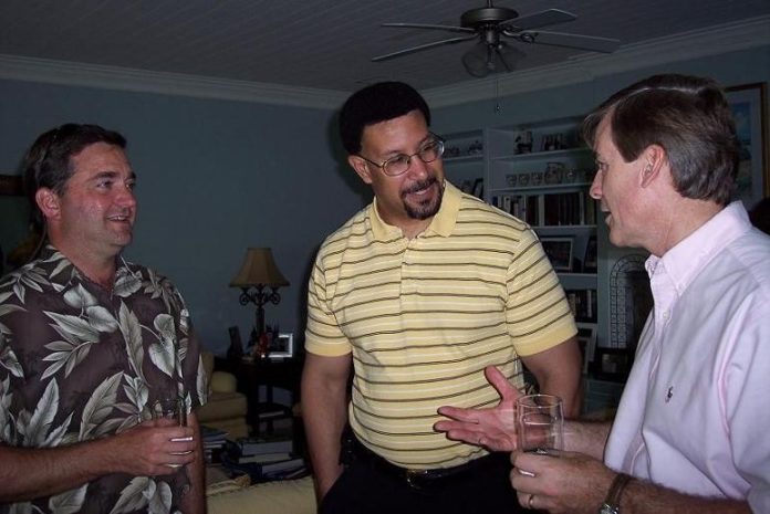 THE TRADE MISSION was welcomed to the Bahamas with a reception yesterday at the home of Brendt Hardt, charge de affairs for the U.S. Embassy in Nassau. From left, Eric Offenberg, founder of Middletown-based North East Engineers, and Keith W. Stokes, director of the Newport County Chamber, talk with Hardt during the party. / 