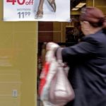 SPENDING by U.S. consumers continued to rise faster than incomes last month, pushing the U.S. personal savings rate to a negative 1.4% as consumers spent $139.8 billion more than they earned. Above, a shopper checks out the sale sign at a shoe store in the Big Apple. / 
