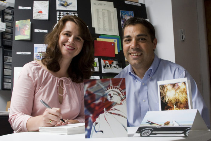 MICHELLE AND DARIN MINGHELLA, president and vice president of Elite Greetings, started the company two years ago with the idea of nurturing client relationships through cards sent, for example, for Major League Baseball opening day or Halloween. / 
