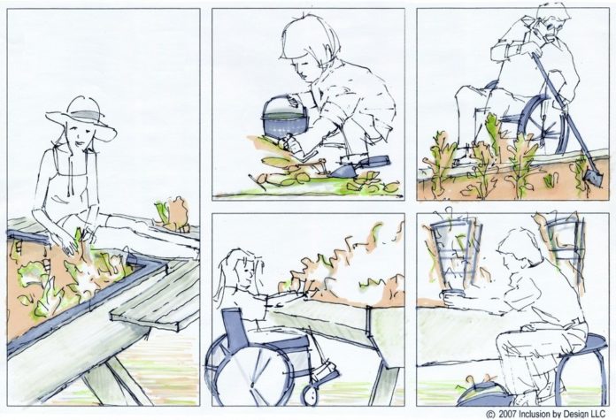 SKETCHES BY Inclusion By Design show alternative ways to set up a community garden so people in wheelchairs or with limited mobility can tend to the plants. / 