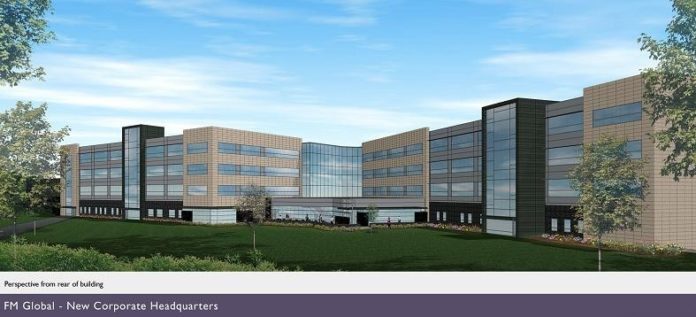 THE 340,000-square-foot, four-story building FM Global plans to open in mid-2009 is expected to be LEED-certified. Above is a rear view of the planned headquarters. / THE 340,000-square-foot, four-story building FM Global plans to open in mid-2009 is expected to be LEED-certified. Above is a rear view of the planned headquarters. /