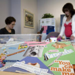 EXPECTANT MOTHERS and women battling postpartum depression can turn to art therapy, such as these collages being worked on by clinical social worker Jennifer Clyberg, left, and mother-to-be Sara Benn. / 