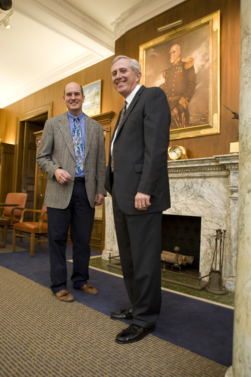 ERIC ARCHER, left, director of development for the Naval War College Foundation, with retired Rear Admiral Roger Nolan. / ERIC ARCHER, left, director of development for the Naval War College Foundation, with retired Rear Admiral Roger Nolan. /