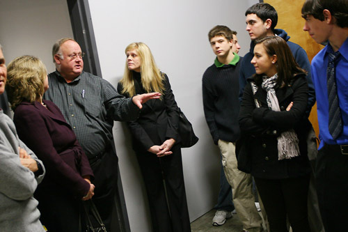 PETER MARSHALL, Marshall Environmental president and CEO, talks with Toll Gate High School students Carmen Duouette, Joe Gardner, Rebecca Dillon and Stephen Bell while Junior Achievement Education Manager Karen Healey and Toll Gate High School teacher Gerry Baxter look on. / PETER MARSHALL, Marshall Environmental president and CEO, talks with Toll Gate High School students Carmen Duouette, Joe Gardner, Rebecca Dillon and Stephen Bell while Junior Achievement Education Manager Karen Healey and Toll Gate High School teacher Gerry Baxter look on. /