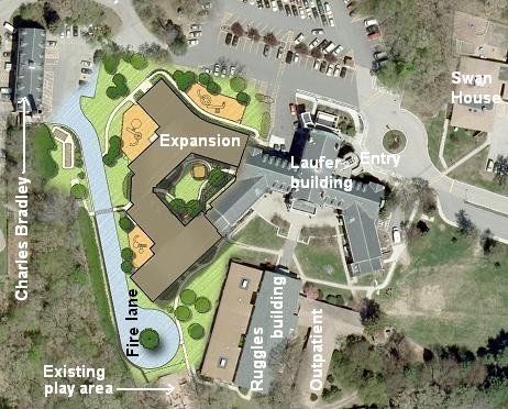 THE NEW BUILDING, center left, will be constructed around a courtyard. Outside will be three new play areas, shown in tan. / THE NEW BUILDING, center left, will be constructed around a courtyard. Outside will be three new play areas, shown in tan. /