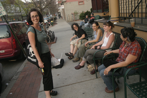 THE VIBRANT SCENE on Wickenden Street early in the evening in front of Coffee Exchange is one of the reasons that new retail shops are
moving there. From left, Marie Alfred, Mac MacDougall,
Jennifer Rydwansky, Kara Lacey and Jenn Pohle. / THE VIBRANT SCENE on Wickenden Street early in the evening in front of Coffee Exchange is one of the reasons that new retail shops are
moving there. From left, Marie Alfred, Mac MacDougall,
Jennifer Rydwansky, Kara Lacey and Jenn Pohle. /