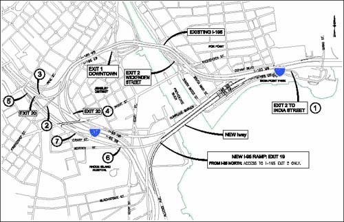 RIDOT this week will close the temporary Gano Street exit ramp on the Interstate 195 East Iway project, the beginning of a series of changes outlined in the above map for this year. / RIDOT this week will close the temporary Gano Street exit ramp on the Interstate 195 East Iway project, the beginning of a series of changes outlined in the above map for this year. /