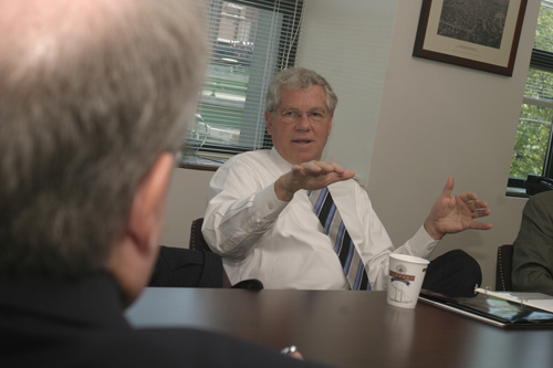 GOV. DONALD L. CARCIERI, shown here during an editorial board meeting with PBN last week, said the state “can’t do much more” to cut human services. / GOV. DONALD L. CARCIERI, shown here during an editorial board meeting with PBN last week, said the state “can’t do much more” to cut human services. /