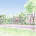AS PART OF A COMPREHENSIVE PLAN to re-establish a mixed-use neighborhood along the Woonasquatucket River, Olneyville 
Housing Corp. plans to add 120 affordable housing units, shown above in rendering. Below, a similar neighborhood-revitalization effort 
is being undertaken by the Pawtucket Citizens Development Corporation. / 