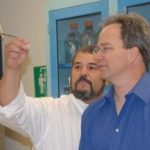 INCYTU PRESIDENT-CEO Alfred Vasconcellos, left, and chief scientific officer Dwaine Emerich work with a vial of the gel form of their product-in-development Cellarium. / 
