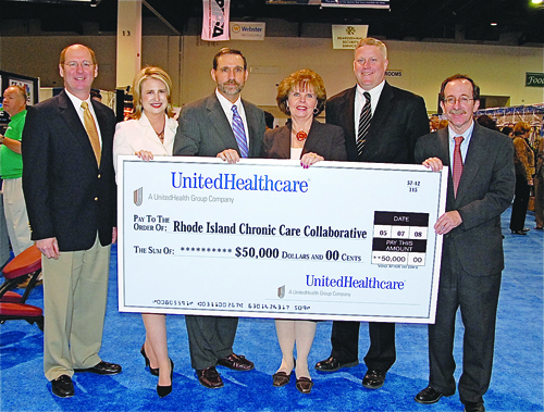 FROM LEFT: Herbert J. Brennan, a QTIAC Committee member; Laurie White, president, Greater Providence Chamber of Commerce and QTIAC Committee member; H. John Keimig, president and CEO of Quality Partners of Rhode Island; Maureen Claflin, director of quality improvement for Quality Partners; Stephen J. Farrell, CEO, UnitedHealthcare of New England; and Dr. Neal J. Galinko, senior medical director of UnitedHealthcare. / FROM LEFT: Herbert J. Brennan, a QTIAC Committee member; Laurie White, president, Greater Providence Chamber of Commerce and QTIAC Committee member; H. John Keimig, president and CEO of Quality Partners of Rhode Island; Maureen Claflin, director of quality improvement for Quality Partners; Stephen J. Farrell, CEO, UnitedHealthcare of New England; and Dr. Neal J. Galinko, senior medical director of UnitedHealthcare. /