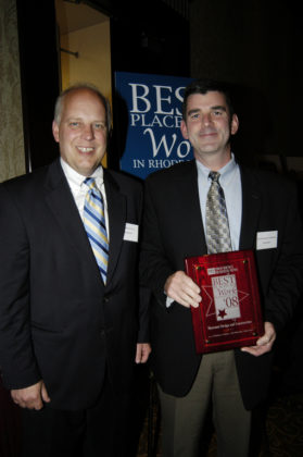PBN Publisher Roger Bergenheim(l) with Frank Hayes of Shawmut Design & Construction, the overall winner in the Small Company Category. / PBN Photo/Frank Mullin
