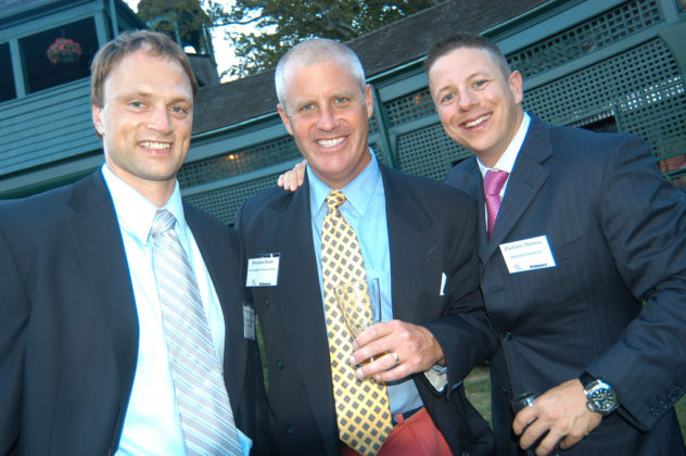 Honorees Spencer McCombe(l), Newport Collaborative Architects, Brendan Kane, New England Construction, and Zach Darrow, DarrowEverett LLP, gather to celebrate their recognition. / PBN Photo/Frank Mullin