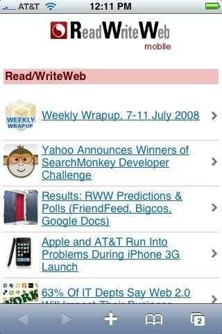 MOFUSE HAS DEVELOPED a streamlined system for converting Web sites for cell-phone browsers. Its clients include ReadWriteWeb, shown above on an Apple iPhone. / MOFUSE HAS DEVELOPED a streamlined system for converting Web sites for cell-phone browsers. Its clients include ReadWriteWeb, shown above on an Apple iPhone. /