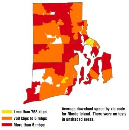 THE MAP ABOVE SHOWS which areas of Rhode Island have the fastest Internet speeds. / THE MAP ABOVE SHOWS which areas of Rhode Island have the fastest Internet speeds. /