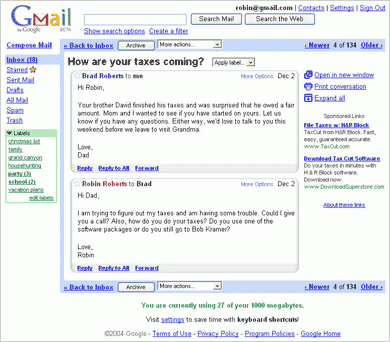 A SCREENSHOT of a conversation on Gmail, Google's e-mailing platform, shows its content-generated ads. / A SCREENSHOT of a conversation on Gmail, Google's e-mailing platform, shows its content-generated ads. /