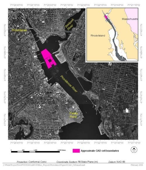 DUG DEEP: Pink boxes on this image represent the area where contaminated material from a dredging project is confined in deep holes in the riverbed. / DUG DEEP: Pink boxes on this image represent the area where contaminated material from a dredging project is confined in deep holes in the riverbed. /