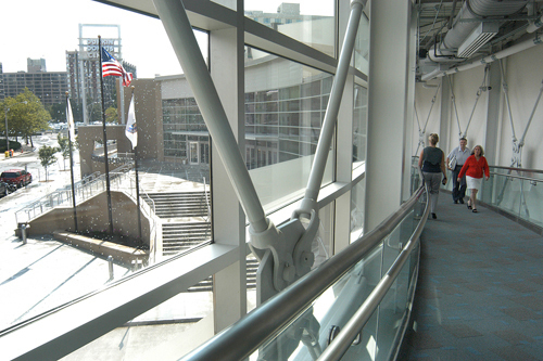 A NEW BRIDGE has been created to provide a sheltered link between the Dunk and the adjacent R.I. Convention Center. / A NEW BRIDGE has been created to provide a sheltered link between the Dunk and the adjacent R.I. Convention Center. /