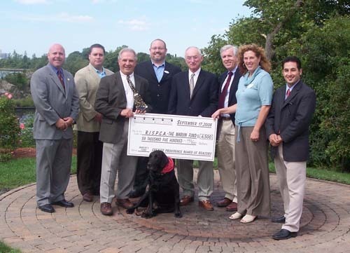 BACK ROW, FROM LEFT: Karl A. Martone, tournament co-chair and recipient of the 2008 Realtor of the Year award; committee members Stephen Tetzner, Bob Black, Arnie Baskin and Ed Lannon; and Michael Pereira, 2008 tournament co-chair. Front row: Dr. Ernest Finnochio, director of the Rhode Island Society for Prevention of Cruelty to Animals and Julie Jackson, business administrator of the Rhode Island Society for the Prevention of Cruelty to Animals. / BACK ROW, FROM LEFT: Karl A. Martone, tournament co-chair and recipient of the 2008 Realtor of the Year award; committee members Stephen Tetzner, Bob Black, Arnie Baskin and Ed Lannon; and Michael Pereira, 2008 tournament co-chair. Front row: Dr. Ernest Finnochio, director of the Rhode Island Society for Prevention of Cruelty to Animals and Julie Jackson, business administrator of the Rhode Island Society for the Prevention of Cruelty to Animals. /