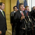 MINORITY WHIP Roy Blunt, R-Mo., speaks about the revised rescue plan at the Capitol today. Listening are fellow House Republicans, from left, John Boehner of Ohio, Eric Cantor of Virginia and Adam Putnam of Florida. / 