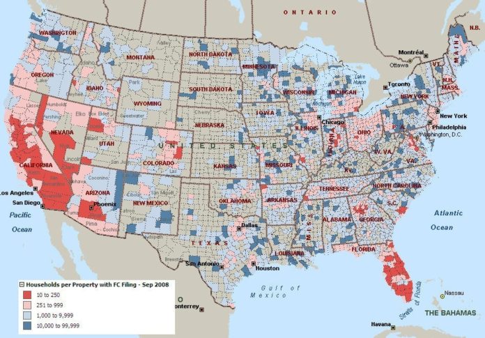 THE HIGHEST RATES of foreclosure, shown in red (one per every 10 to 250 households), continued to be reported in the volatile real estate markets of Nevada, California, Arizona and Florida. / THE HIGHEST RATES of foreclosure, shown in red (one per every 10 to 250 households), continued to be reported in the volatile real estate markets of Nevada, California, Arizona and Florida. /