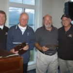 DENNIS MOORE, CCRI Fall Golf Classic tournament director (left), and Ray Di Pasquale, president of Community College of Rhode Island (far right), present tournament founders Ray Ferland (second from left) and Joe DiMaria with plaques in recognition of their leadership of the tournament. / 