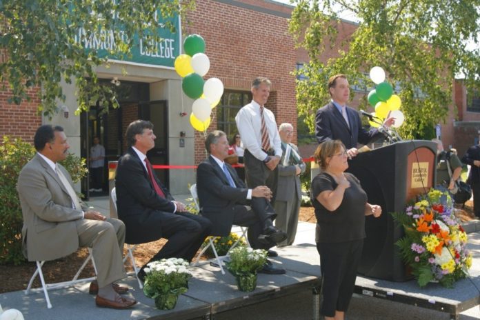 FROM LEFT: Dana Mohler-Faria, president, Bridgewater State College; Frederick J. Clark, Jr., chairman of the Massachusetts Board of Higher Education; Donald Smyth, chairman of the Bristol Community College board of trustees; state Sen. Scott P. Brown; John Sbrega, BCC President; and state Sen. James E. Timilty. / FROM LEFT: Dana Mohler-Faria, president, Bridgewater State College; Frederick J. Clark, Jr., chairman of the Massachusetts Board of Higher Education; Donald Smyth, chairman of the Bristol Community College board of trustees; state Sen. Scott P. Brown; John Sbrega, BCC President; and state Sen. James E. Timilty. /