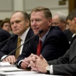 TESTIFYING before the U.S. House Financial Services Committee on Nov. 19 are, from left, GM CEO Rick Wagoner; Chrysler Chairman and CEO Robert Nardelli; Ford President and CEO Alan Mulally; and United Auto Workers union (UAW) President Ron Gettelfinger. / 