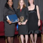 BCBSRI call center again ‘world class’ FROM LEFT, Sara Baptista, team leader-quality consultant for Blue Cross, and Sarah Joyce, director of training and business performance consulting, at the award reception with Sarah Kennedy of SQM. /