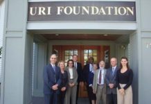 FROM LEFT: Glen Kerkian, president of URI Foundation; Nancy Mendizabal, president of IIARI; Paula Grey, of the URI Foundation; Mark Male, executive vice president for IIARI; Dr. Michael Britt, director of corporate and foundation relations for URI Foundation; Anne Gregson, insurance coordinator for URI; David Maslyn, dean of University Library; Mark Higgins, dean of College of Business Administration; and Marcia Berthiaume, state account manager for IIARI. / 