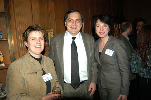 Jodie Woodruff(l) and Loriana DeCrescenzo(r), both of the Met School, share a laugh with PBN's Dean Tortora. / PBN Photo/Frank Mullin