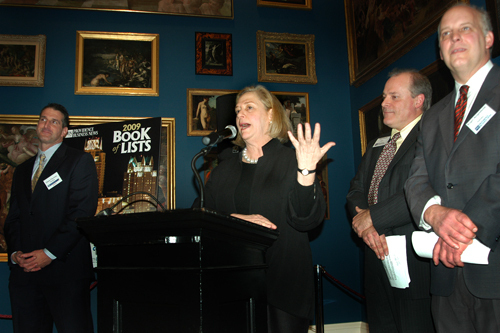 RISD Museum of Art Director, Hope Alswang, welcomes the crowd to the 10th annual Book of Lists Party. / PBN Photo/Frank Mullin