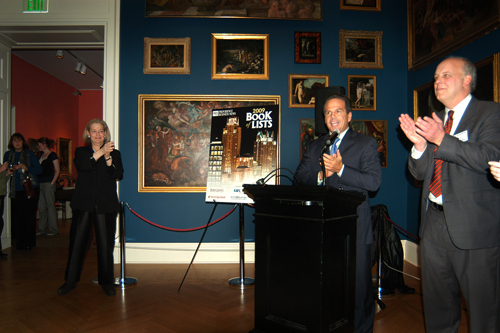 Providence Mayor David Cicilline greets the evening's guests, as Hope Alswang(l), Director of the RISD Museum of Art, and Roger Bergenheim(r), PBN Publisher, join the crowd in welcoming him. / PBN Photo/Frank Mullin