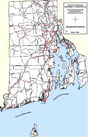 THE 50 PROJECTS, marked in red, include maintenance work on the Jamestown Bridge; repair or replacement of another five bridges; the resurfacing of 45 miles of state roads; and the replacement of highway lighting or guardrails and repair of deteriorating pavement on another 80 miles of state roadways. / THE 50 PROJECTS, marked in red, include maintenance work on the Jamestown Bridge; repair or replacement of another five bridges; the resurfacing of 45 miles of state roads; and the replacement of highway lighting or guardrails and repair of deteriorating pavement on another 80 miles of state roadways. /