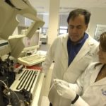 Business-backed research growing DR. RICHARD MOORE and Dr. Geralyn Messerlian, both of Women & Infants
Hospital, discuss the processing of samples for a study. /