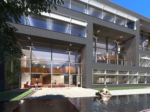 THE PROPOSED design for the $75 million University of Rhode Island building for the College of Pharmacy includes a medicinal garden on the south side with a reflecting pool. / THE PROPOSED design for the $75 million University of Rhode Island building for the College of Pharmacy includes a medicinal garden on the south side with a reflecting pool. /
