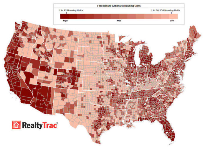 DARK-COLORED AREAS REPRESENT locations with more foreclosure activity. Hot spots are on the West Coast, Florida and the Northeast. / DARK-COLORED AREAS REPRESENT locations with more foreclosure activity. Hot spots are on the West Coast, Florida and the Northeast. /