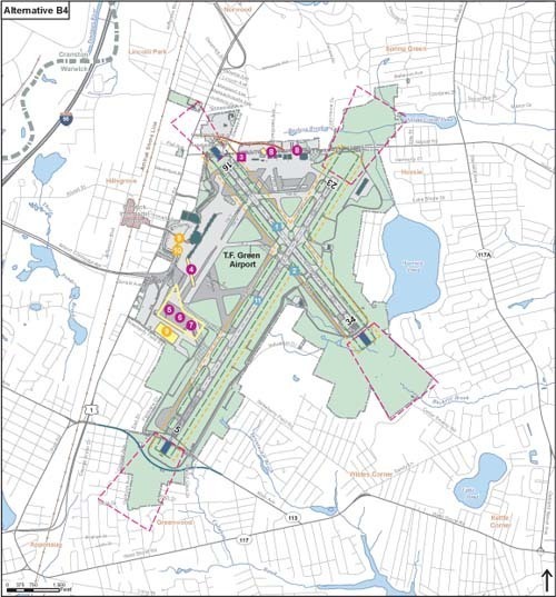 LANDING STRIP: The runway plan preferred by the R.I. Airport Corporation would extend the main north-south runway 1,534 feet with a 600-foot safety area. / LANDING STRIP: The runway plan preferred by the R.I. Airport Corporation would extend the main north-south runway 1,534 feet with a 600-foot safety area. /