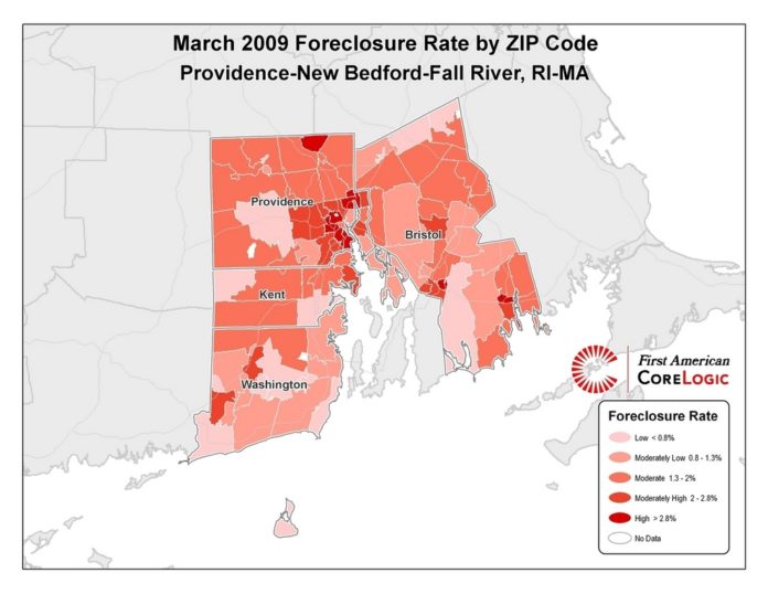 FORECLOSURES IN THE Providence-New Bedford-Fall River region rose from 7,702 filings to 10,571, a 77.2 percent rise.  / 