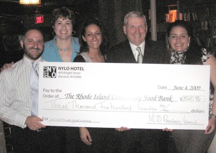 CELEBRATING THE RESULTS of the NYLO Sales Apprenticeship contest are, from left, Michael Cerio, communications manager of the Rhode Island Community Food Bank, the beneficiary of the contest; Christine Nevers, GM, NYLO Providence/Warwick; Genna Lepore, NYLO sales apprenticeship winner; John Russell, CEO, NYLO Hotels; Maria Pichardo NYLO sales internship winner. / CELEBRATING THE RESULTS of the NYLO Sales Apprenticeship contest are, from left, Michael Cerio, communications manager of the Rhode Island Community Food Bank, the beneficiary of the contest; Christine Nevers, GM, NYLO Providence/Warwick; Genna Lepore, NYLO sales apprenticeship winner; John Russell, CEO, NYLO Hotels; Maria Pichardo NYLO sales internship winner. /