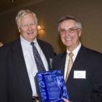FROM LEFT: Jonathan K. Farnum, hospital trustee and member of the board of the Kent Hospital Foundation, presents the award given in his name to James M. Vesey, executive vice president and chief credit officer at Washington Trust. / 