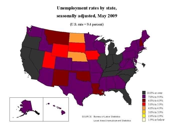 ABOVE, THE STATE-BY-STATE UNEMPLOYMENT picture in May. The darker-colored states have higher jobless rates. / ABOVE, THE STATE-BY-STATE UNEMPLOYMENT picture in May. The darker-colored states have higher jobless rates. /