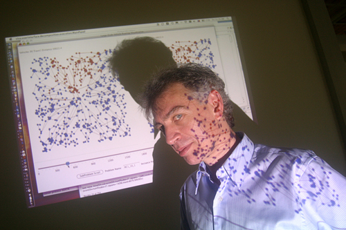 ANALYTICAL SKILLS: Dynadec Chief Technology Officer Pascal Van Hentenryck, with a diagram of Comet’s solution to a large-scale routing problem. / ANALYTICAL SKILLS: Dynadec Chief Technology Officer Pascal Van Hentenryck, with a diagram of Comet’s solution to a large-scale routing problem. /