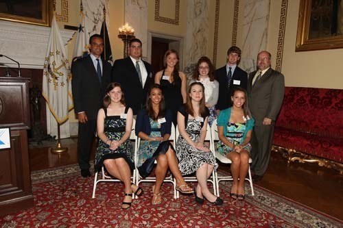 FROM LEFT, front row: Shannon Balko of Westerly High School, Kayla Gentile of Cranston High School West, Kayla Farrands of East Providence Senior High School and Kasey F. Laliberte of Bishop Feehan High School. From left, back row: R.I. State Treasurer Frank T. Caprio, Jeffrey C. Circosta Jr. of Rogers High School, Sarah Baker of Chariho Regional High School, Jessica Mardo of Cumberland High School, Matthew Gamache of Barrington High School and Cox Communications Vice President John Wolfe. / FROM LEFT, front row: Shannon Balko of Westerly High School, Kayla Gentile of Cranston High School West, Kayla Farrands of East Providence Senior High School and Kasey F. Laliberte of Bishop Feehan High School. From left, back row: R.I. State Treasurer Frank T. Caprio, Jeffrey C. Circosta Jr. of Rogers High School, Sarah Baker of Chariho Regional High School, Jessica Mardo of Cumberland High School, Matthew Gamache of Barrington High School and Cox Communications Vice President John Wolfe. /